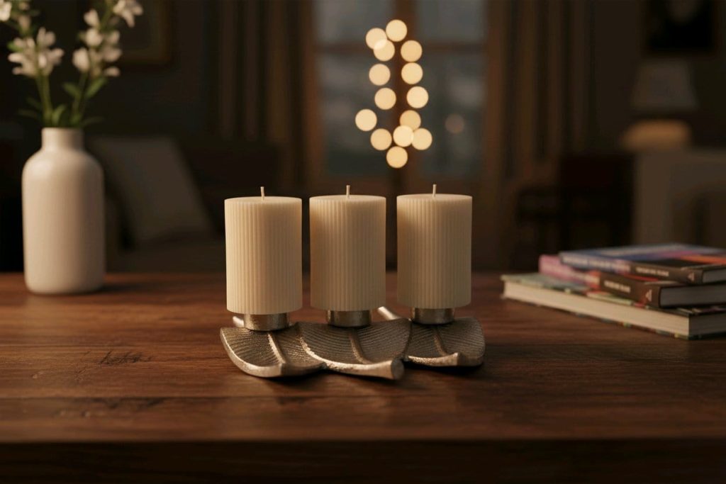 Dekorativna mirisna svijeća od prirodnog sojinog voska izrađena ručnim radom u kalupu, prigodna za poklon ili dekoraciju interijera