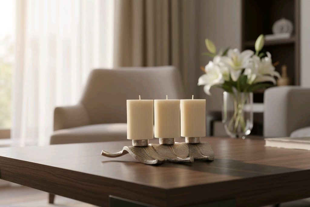 Dekorativna mirisna svijeća od prirodnog sojinog voska, izrađena ručnim radom u kalupu, prigodna za poklon ili dekoraciju interijera