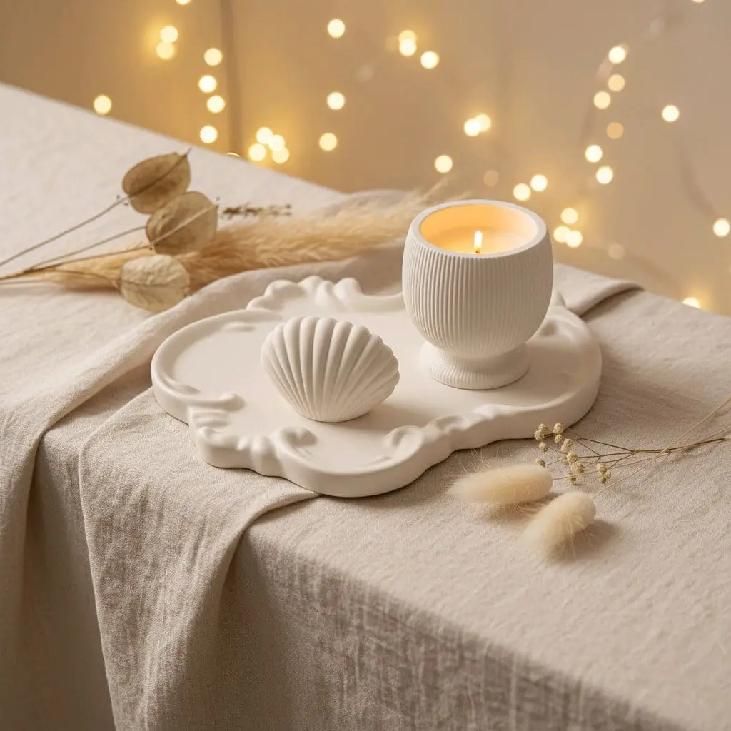 Dekorativni podložak, mirisna svijeća i dekorativni predmet urađeni od kvalitetnog gipsa za modeliranje i prirodnog sojinog voska