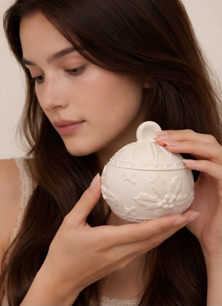 Dekorativna posudica sa poklopcem urađena je od kvalitetnog gipsa, pogodna za držanje sitnih predmeta. Posebno je lijepi primjerak za božićnu dekoraciju.