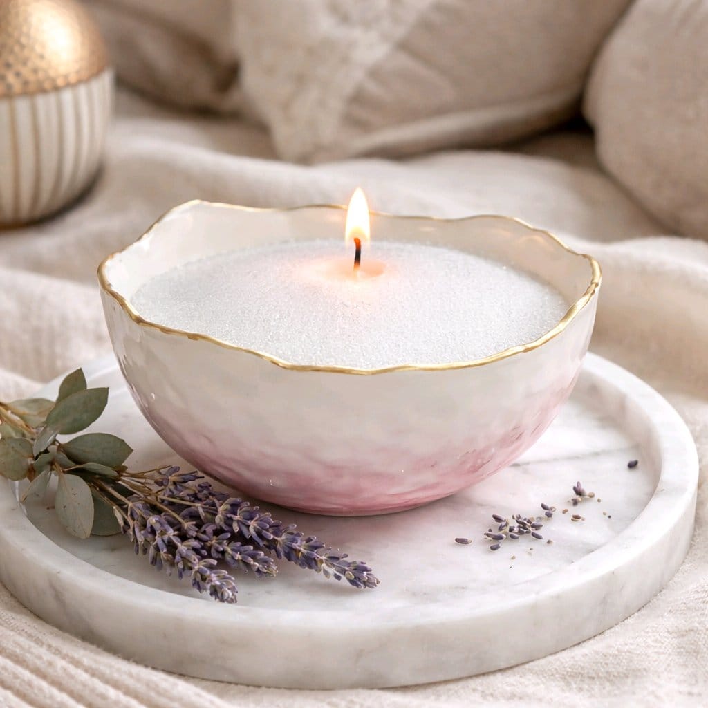 Dekorativna mirisna pijesak svijeća od prirodnog sojinog voska u gipsanoj posudi , izrađena ručnim radom , prigodna za poklon ili dekoraciju interijera