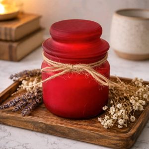 Dekorativna mirisna svijeća od prirodnog sojinog voska u staklenoj posudi , izrađena ručnim radom , prigodna za poklon ili dekoraciju interijera