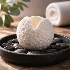 Dekorativna mirisna svijeća od prirodnog sojinog voska u posudi od gipsa izrađena ručnim radom , prigodna za poklon ili dekoraciju interijera